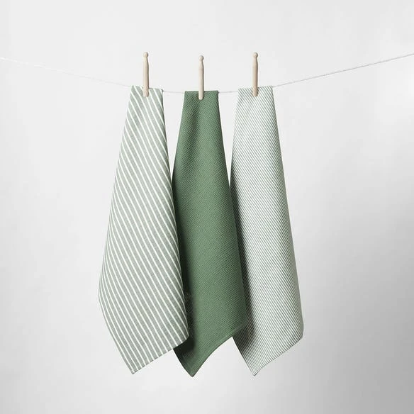 Yarn Dye Stripe Tea Towel Set Of 3 - Khaki 3 Yarn Dye Stripe Tea Towel Set Of 3 - Khaki